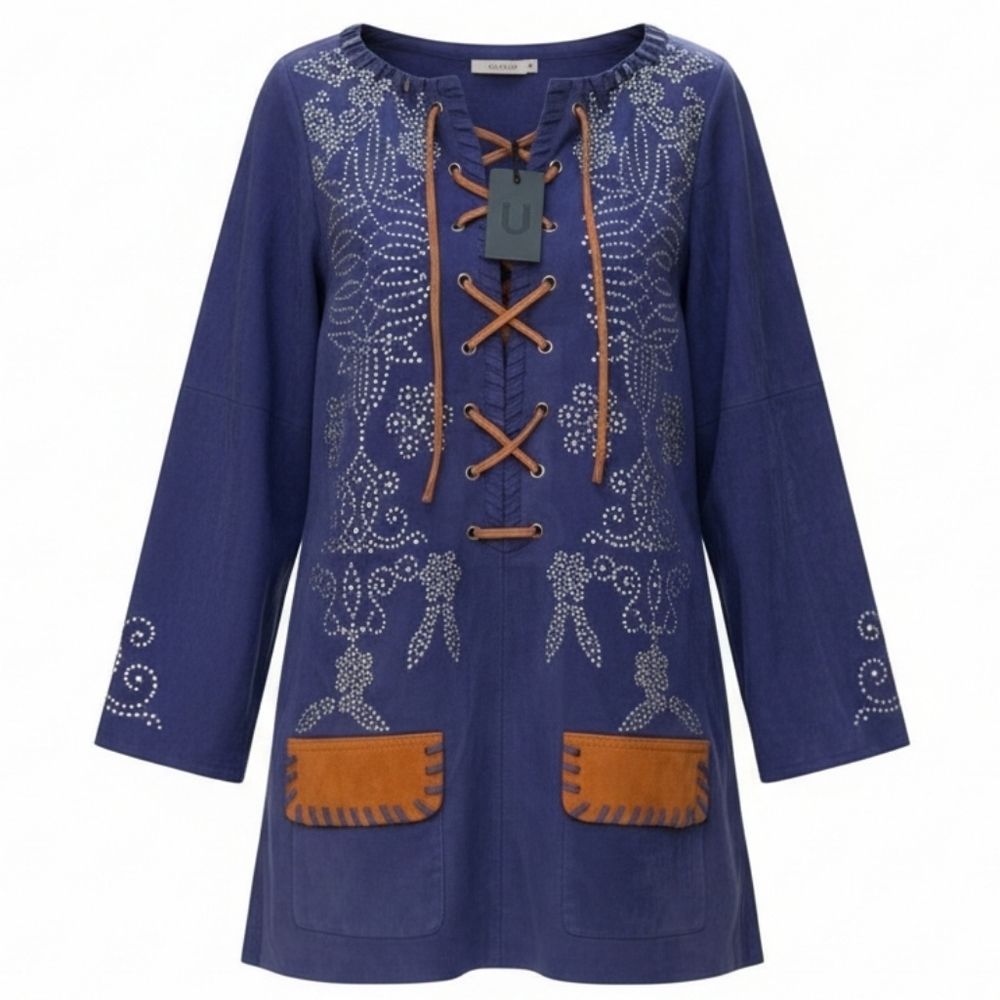 UNDERSTATED BRAND Embellished BluePURPLE Tunic DRESS OR TOP 100% LEATHER SUEDE